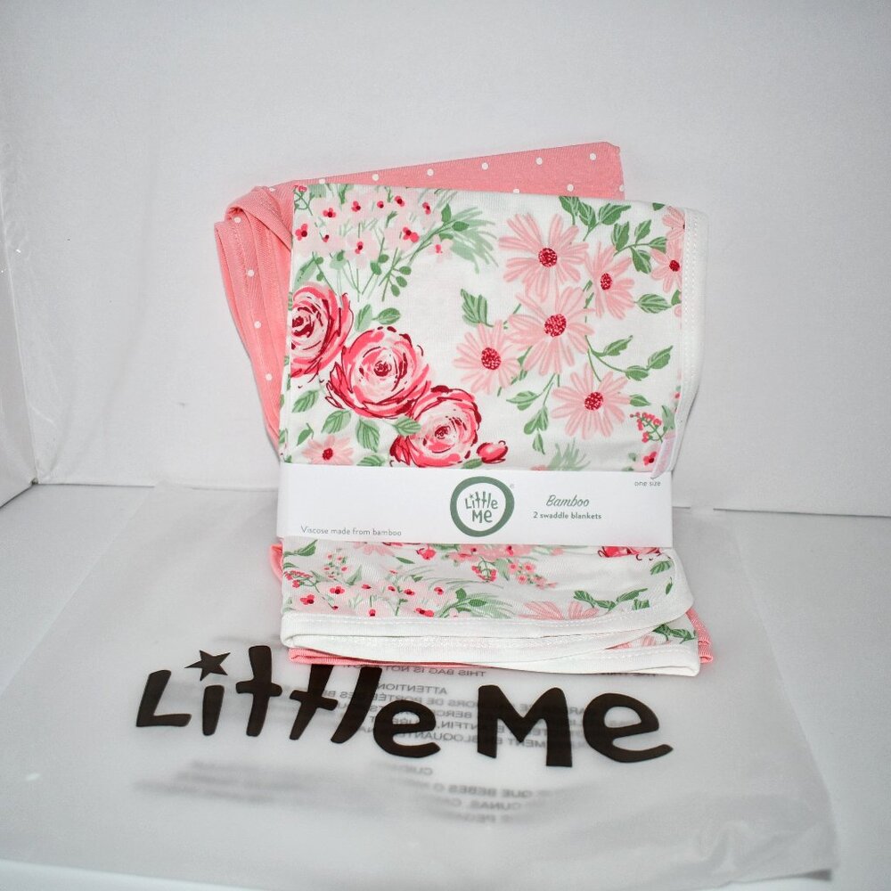 Little Me Baby Girls Floral/Dotted Receiving Blanket 2-Pack #LL714815N NWT Deta